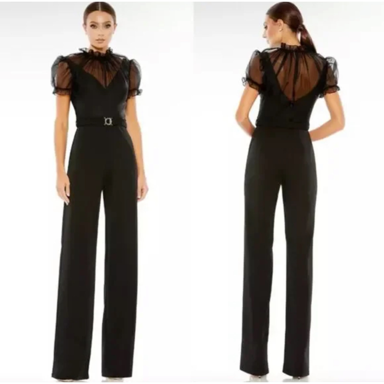 Mac Duggal Belted Illusion High Neck Cap Sleeve Jumpsuit Black Size 0 Nwt